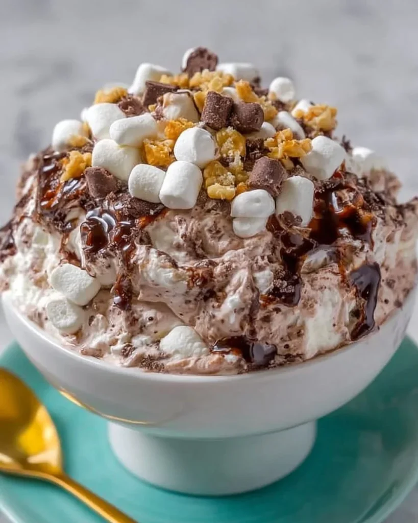 Bowl of Rocky Road Fluff Salad with chocolate, marshmallows, and nuts