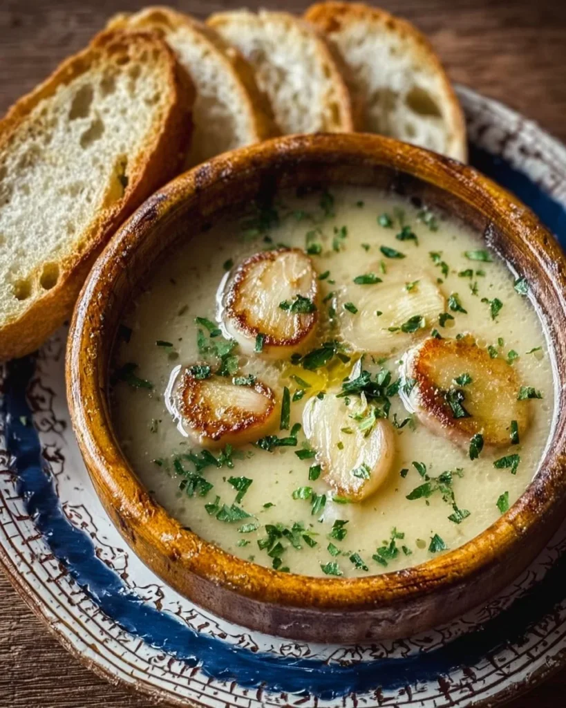 Bowl of rustic French garlic soup garnished with fresh herbs