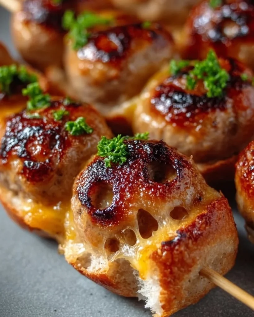 Skewered chicken sausage bites grilled to perfection on a platter