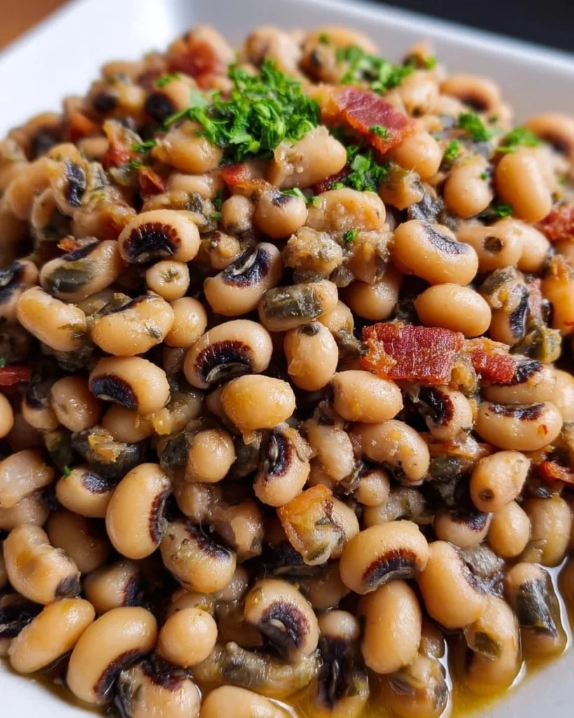 Delicious bowl of Southern Black Eyed Peas prepared with spices and herbs