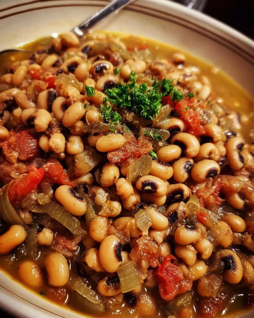 Bowl of Southern Black-Eyed Peas garnished with herbs