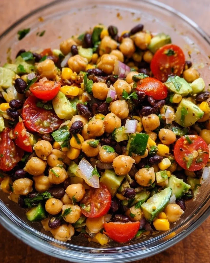 Colorful Southwest Chickpea Black Bean Salad with fresh vegetables and dressing