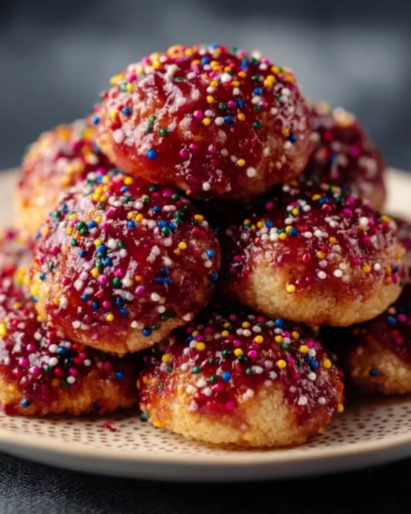 Delicious sprinkle cookies with colorful toppings on a plate