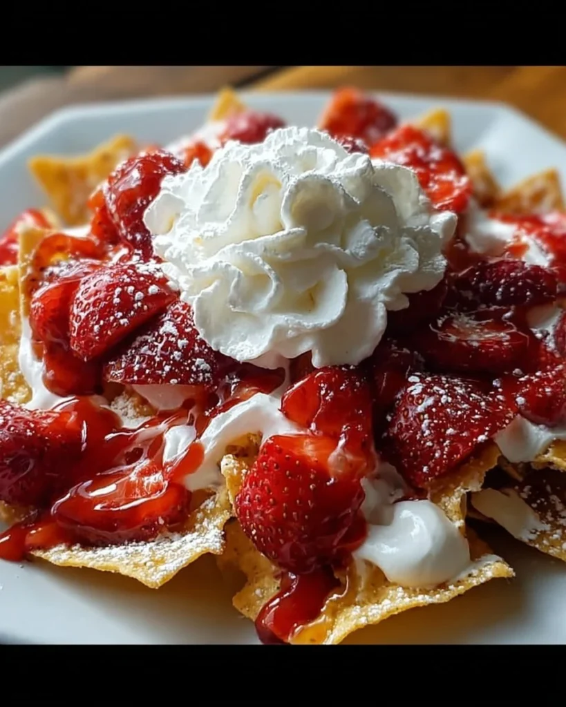 Strawberry Cheesecake Nachos topped with fresh strawberries and creamy cheesecake drizzle.