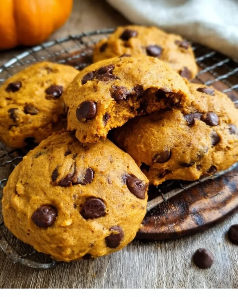 Super soft pumpkin chocolate chip cookies with melted chocolate chips