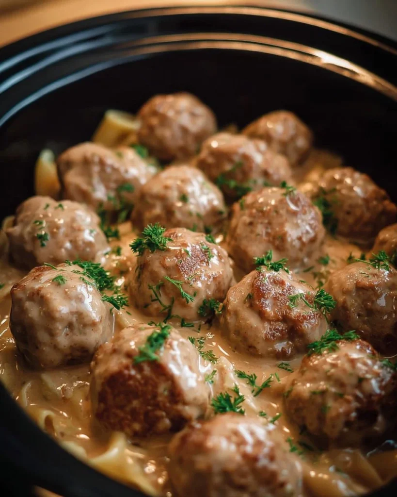 Delicious Swedish Broom dish cooked in a crock pot with fresh ingredients.