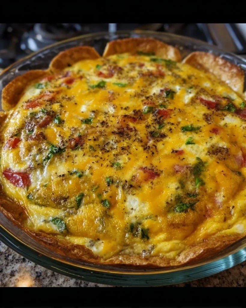 Delicious tortilla egg bake with colorful vegetables and cheese
