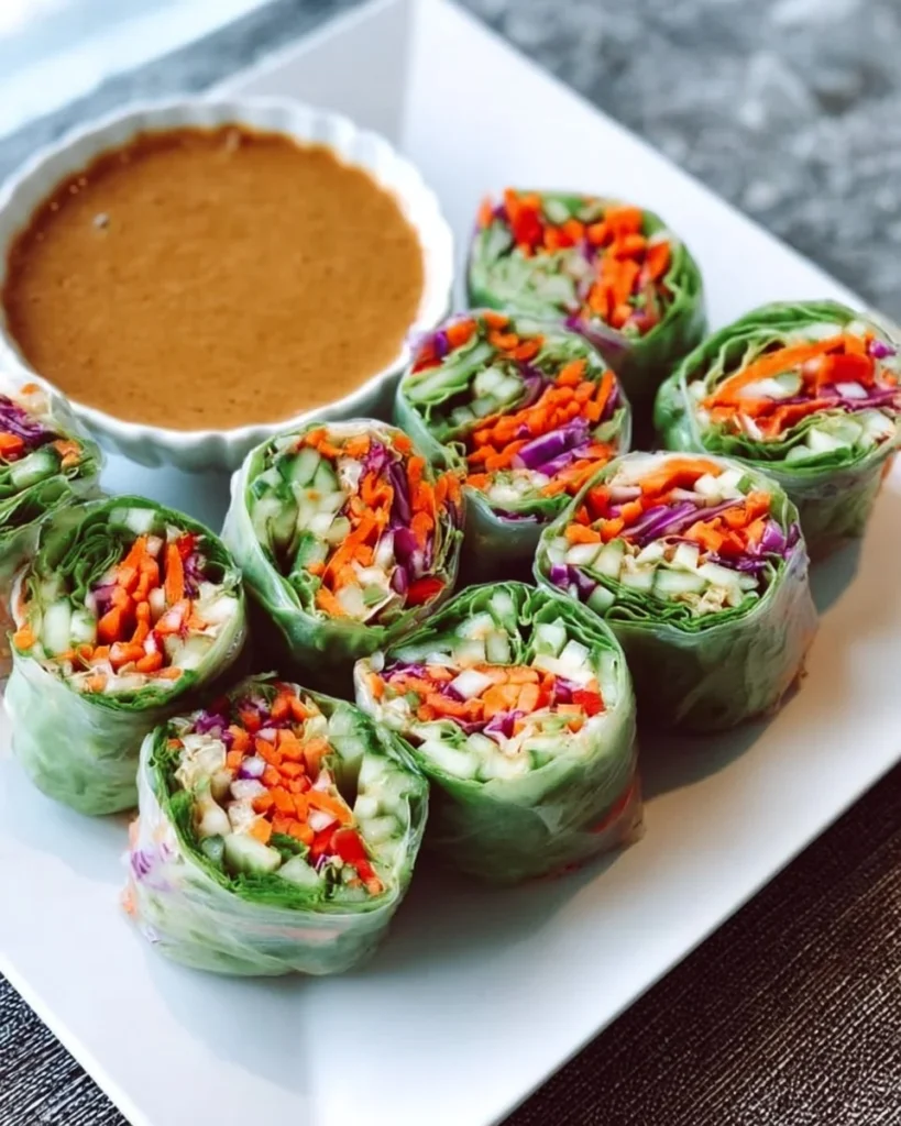 Crispy vegetable spring rolls served with a creamy peanut sauce.