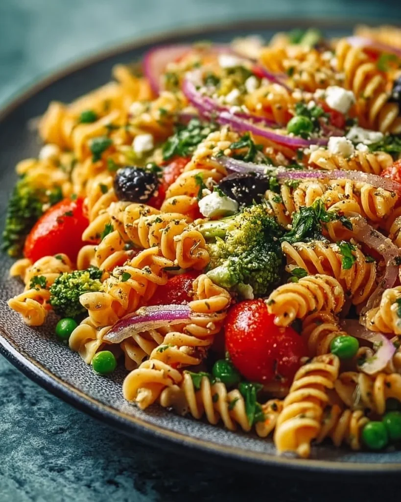 Veggie high protein pasta salad with no mayo, colorful and nutritious dish