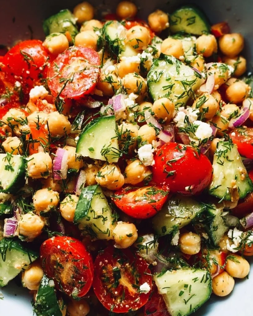 High-protein chickpea and cucumber salad served in a bowl
