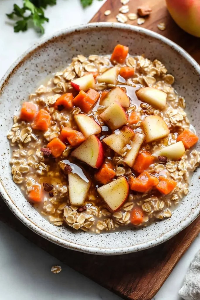 Bowl of carrot apple oatmeal topped with sliced apples and carrots