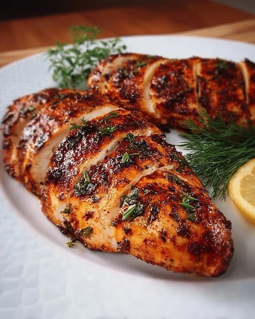 Juicy air fryer chicken breast served with vegetables