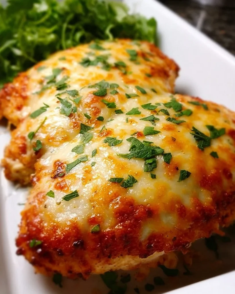 Baked chicken topped with melted cheese, garnished with herbs