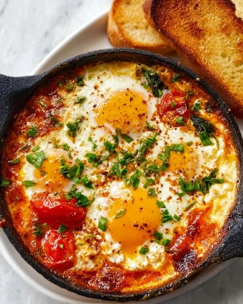Delicious baked feta eggs served in a dish with herbs and spices