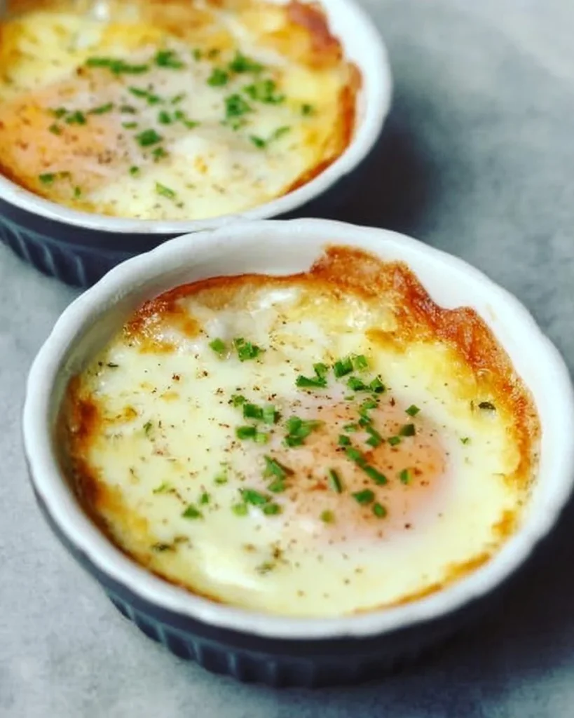 Delicious Baked French Eggs served in a dish, perfect for brunch.