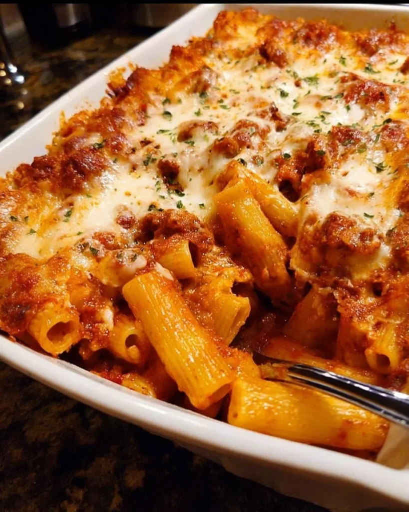 A plate of baked rigatoni topped with melted cheese and fresh herbs