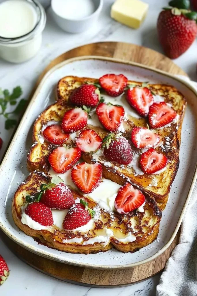 Baked Strawberries and Cream French Toast served with fresh strawberries