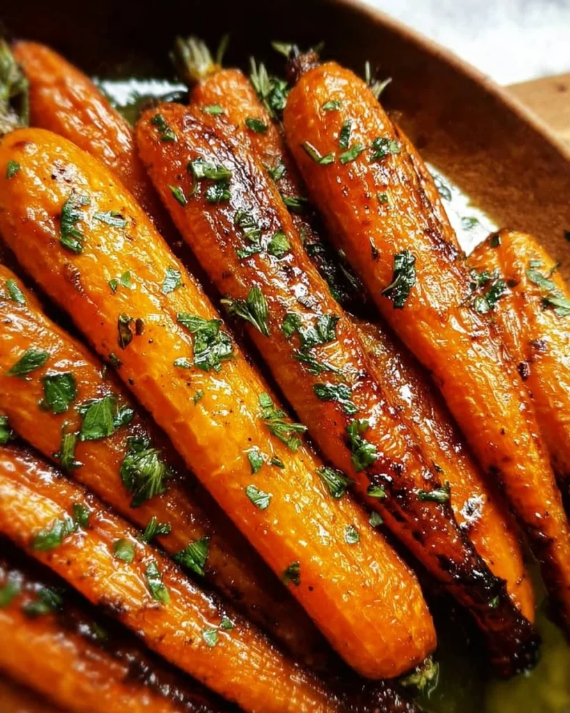 Balsamic roasted carrots drizzled with glaze and garnished with herbs