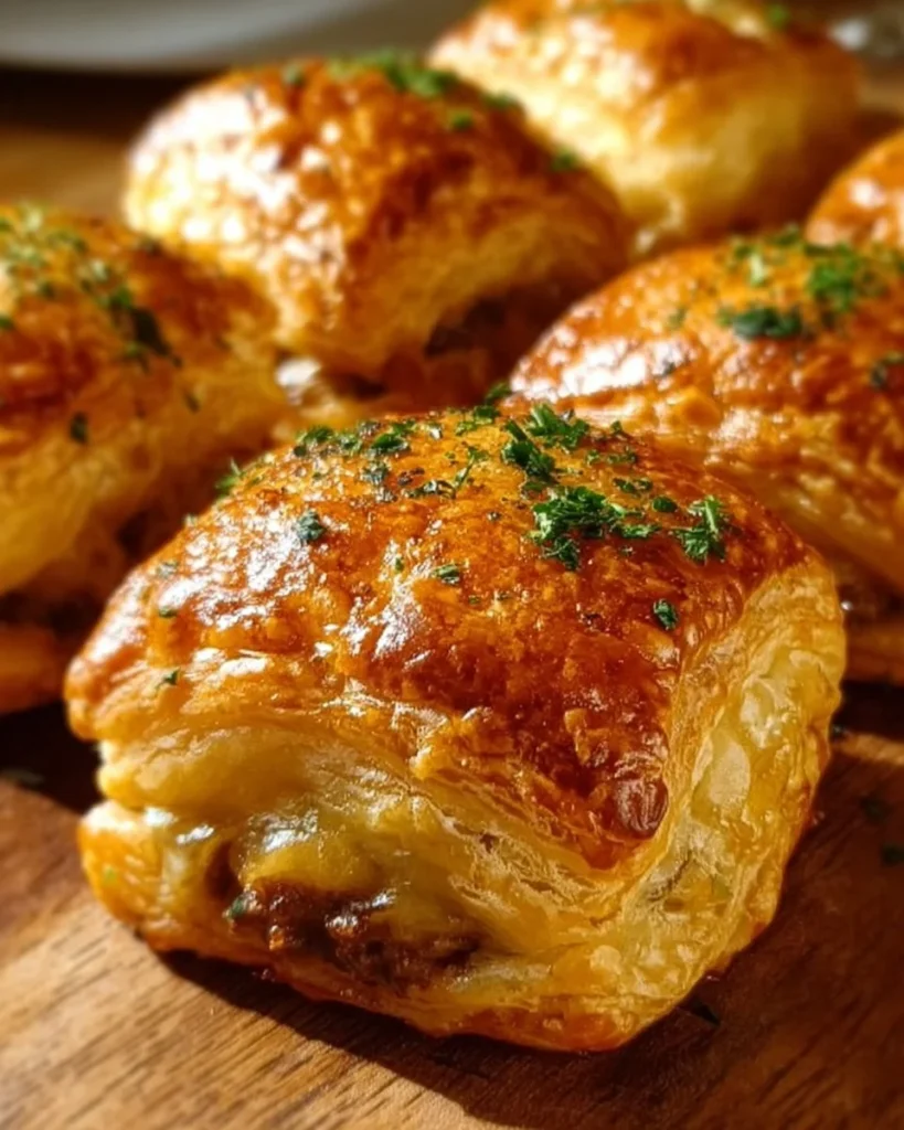 Beef cheeseburger puff pastry bites served on a plate.