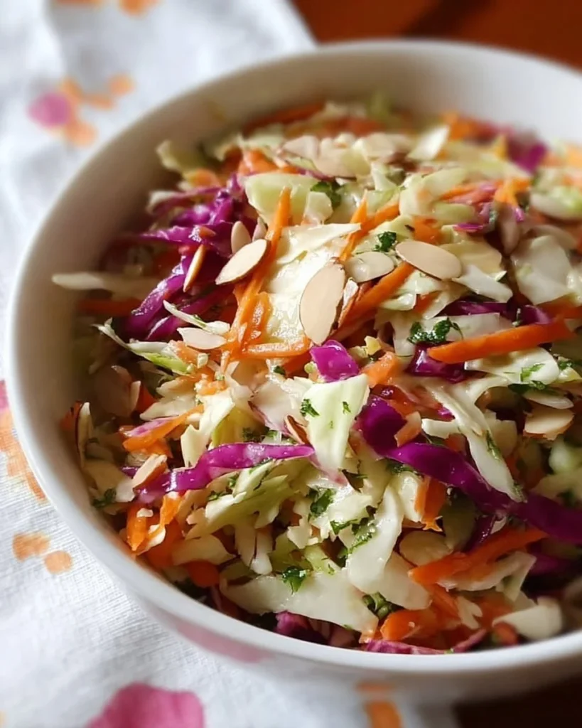 Bowl of the best healthy coleslaw with fresh vegetables and a light dressing