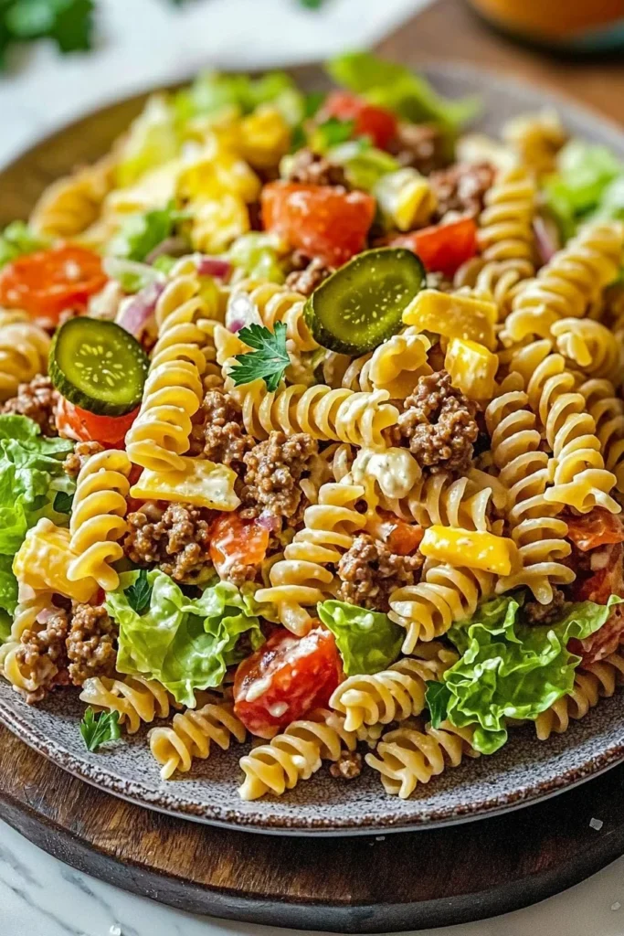 Big Mac Pasta Salad featuring ground beef, cheese, lettuce, and special sauce