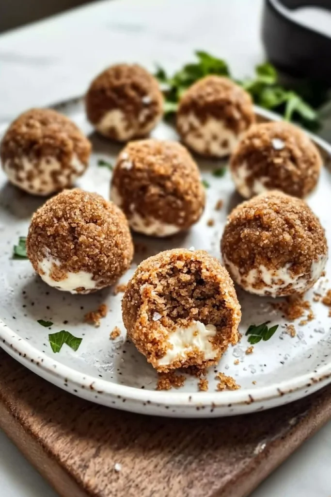 Biscoff Cheesecake Protein Balls stacked in a bowl, showcasing their delicious texture.