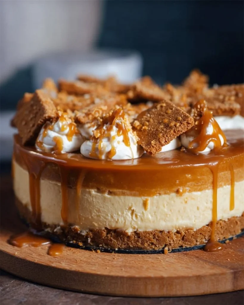 Delicious Biscoff cheesecake topped with salted caramel layers