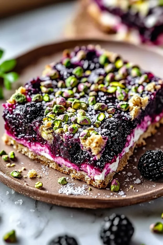 Delicious Blackberry Pistachio Dream Bars with fresh blackberries and crunchy pistachios