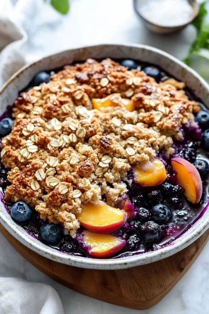 Delicious Blueberry Peach Crumble dessert with fresh blueberries and peaches