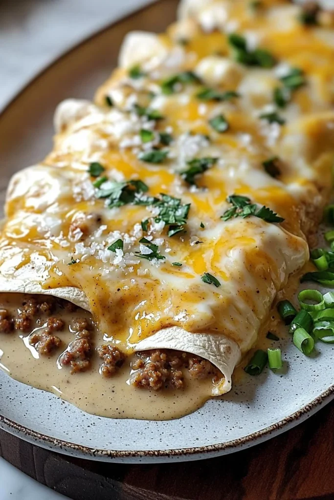 Delicious breakfast enchiladas topped with rich sausage gravy on a plate