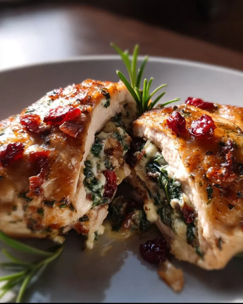 Brie stuffed chicken with cranberry spinach filling on a plate