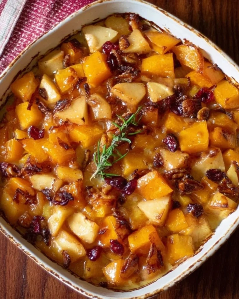 Butternut Squash Apple Bake garnished with spices in a baking dish