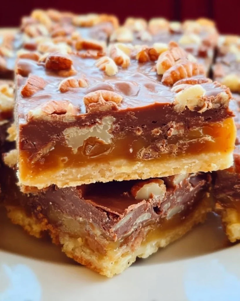 Delicious Caramel Pecan Chocolate Bars with layers of chocolate and caramel.