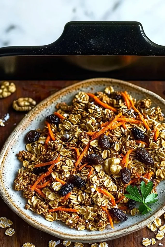 Bowl of Carrot Cake Granola topped with nuts and dried fruits.