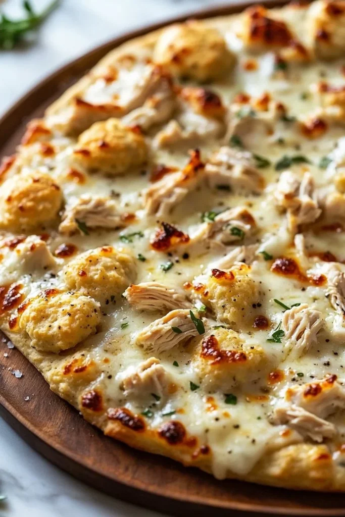 Cheesy Garlic Biscuit Chicken Alfredo Pizza topped with creamy sauce and chicken
