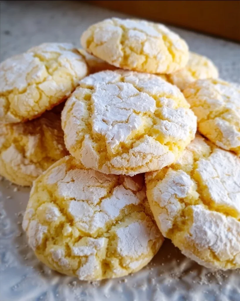 Chewy lemon crinkle cookies dusted with powdered sugar on a platter