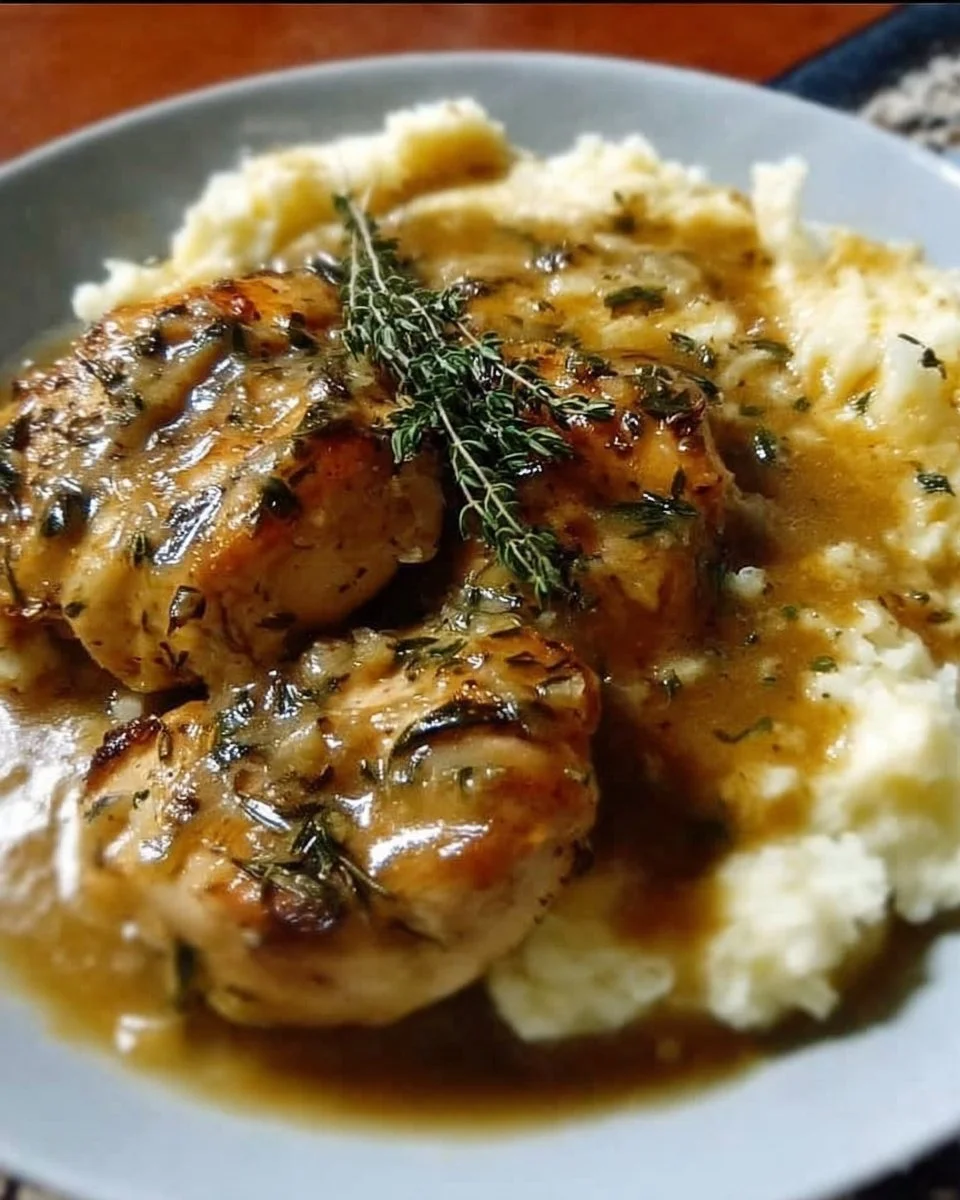 Chicken and Garlic Gravy with Cheesy Mashed Potatoes