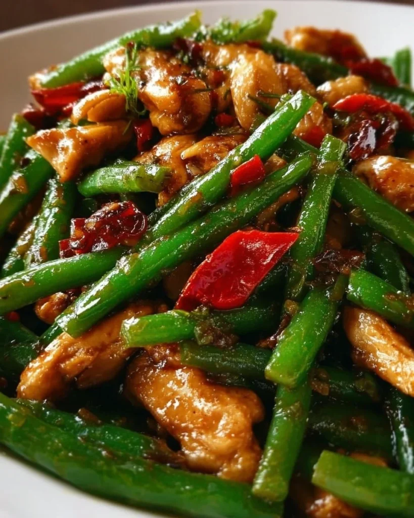 Delicious chicken stir-fry with green beans and colorful vegetables in a bowl.