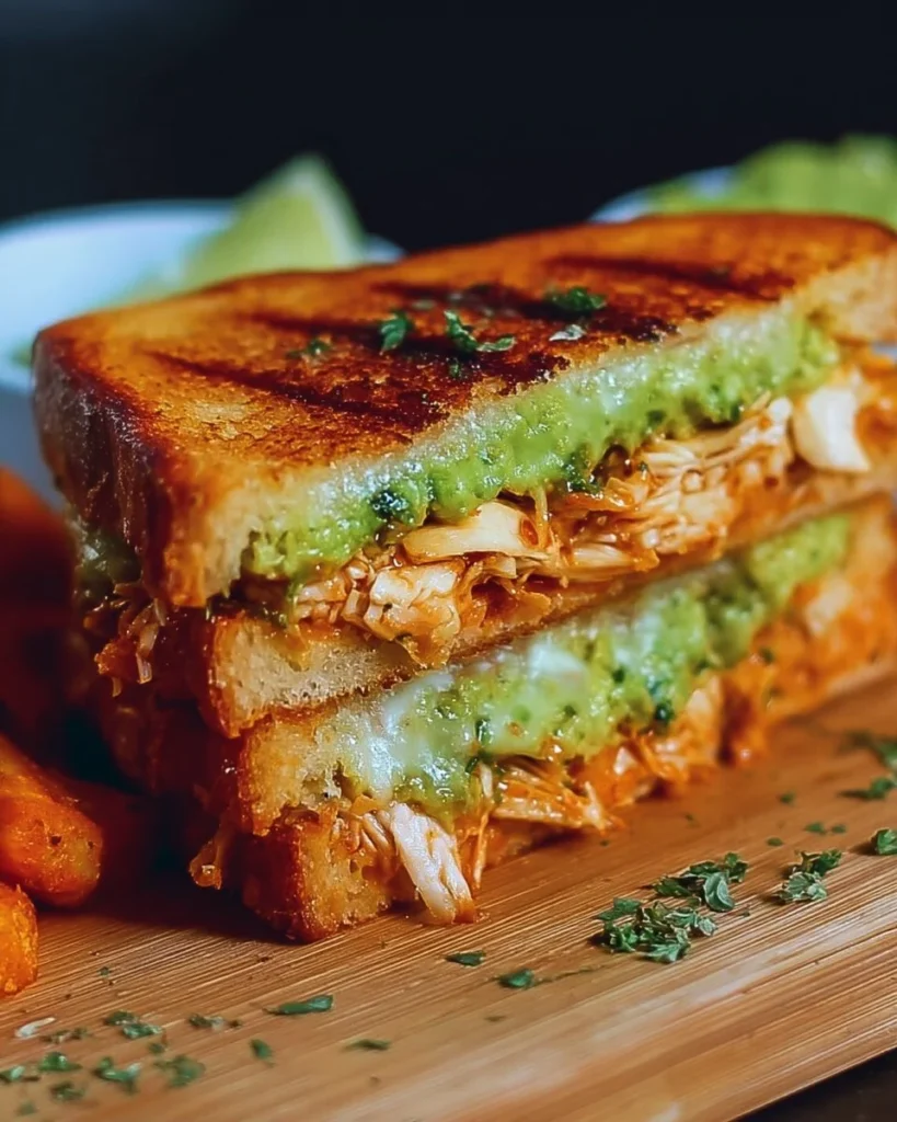 Delicious Chicken Avocado Melt Sandwich on a plate with fresh ingredients