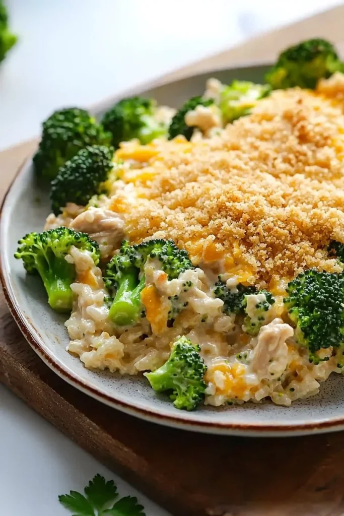 Delicious Chicken Broccoli Rice Casserole baked in a dish with vegetables and rice