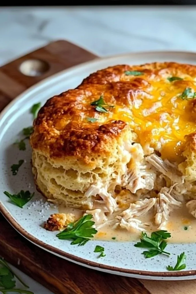 Baked Chicken Bubble Biscuit Casserole served in a dish with tasty, golden biscuits