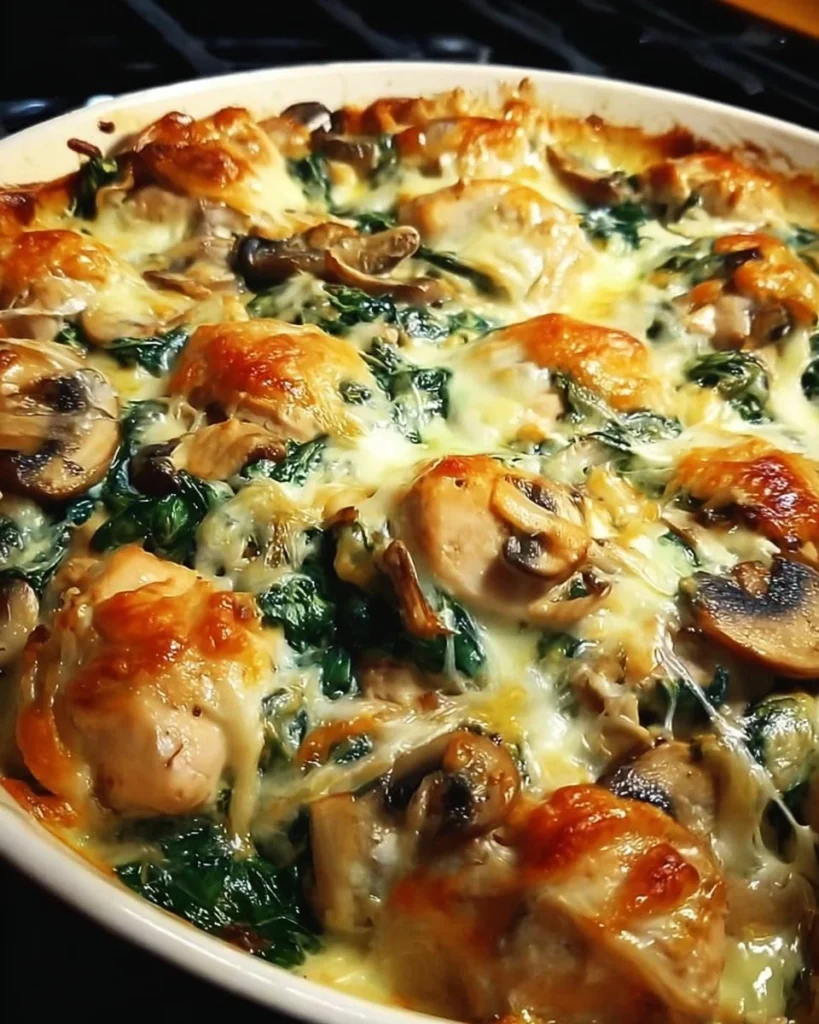 Chicken Spinach and Mushroom Low-Carb Casserole in a baking dish