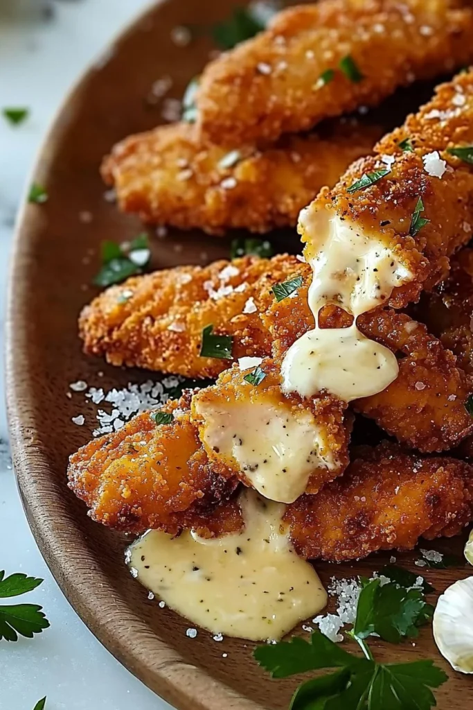 Delicious chicken strips in creamy parmesan sauce garnished with herbs