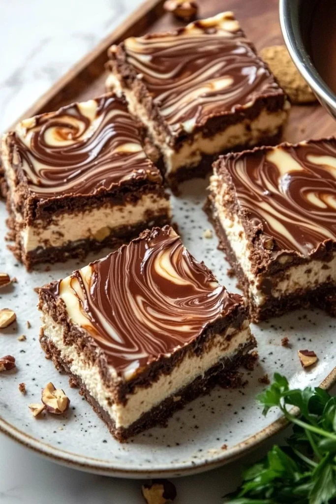 Chocolate Hazelnut Cheesecake Bars garnished with hazelnuts on a plate