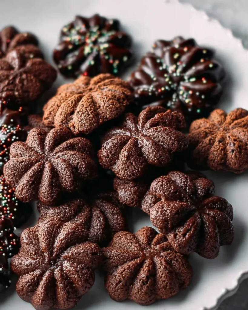 Delicious Chocolate Spritz Cookies arranged on a plate.