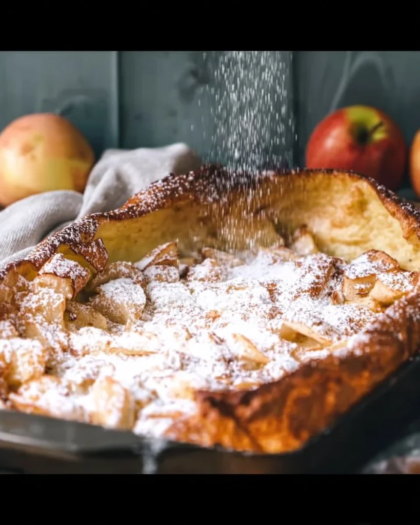 Fluffy Cinnamon-Apple Dutch Baby served on a plate with apple slices