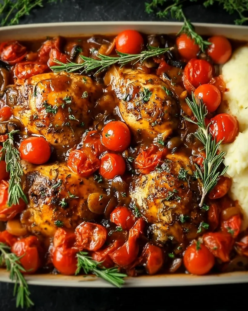 Plate of Classic French Herb Chicken served with tomatoes and herbs