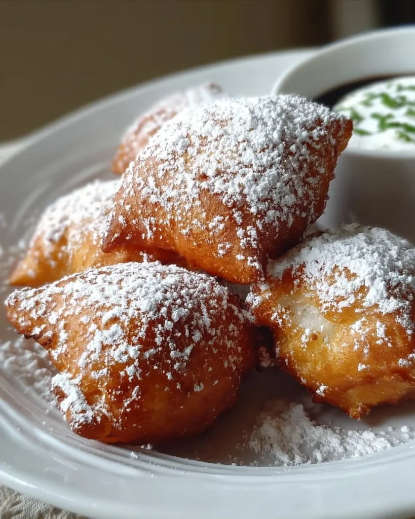 Delicious classic vanilla beignets dusted with powdered sugar