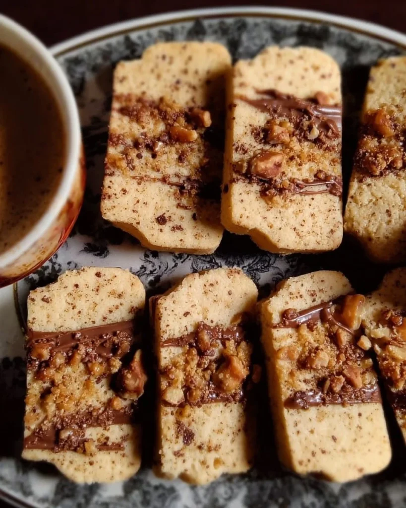 Freshly baked Coffee Toffee Shortbread Cookies on a plate.