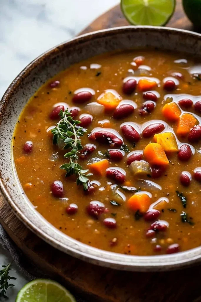Bowl of cozy authentic vegan Jamaican Red Peas Soup garnished with herbs